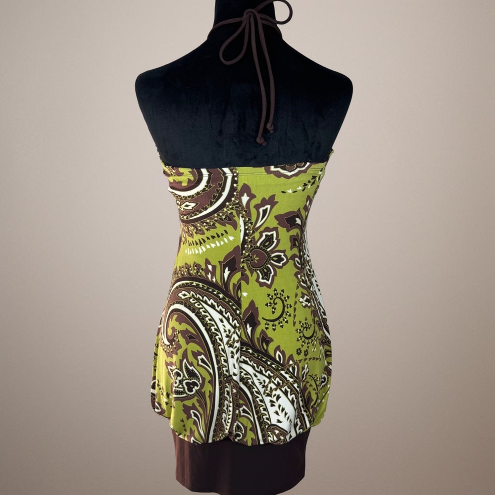 Vintage City Triangles Green Paisley Strapless Halter Tank with Brown Trim - Picture 4 of 13